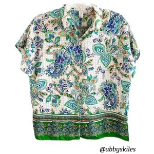 Joie Blouse White & Green Paisley Pattern Short Sleeves Button Up Top Small